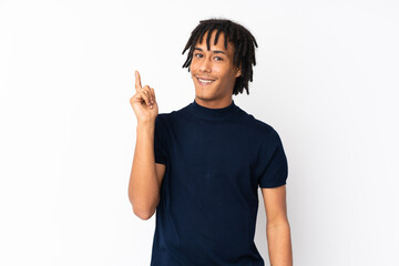 Young african american man isolated on white background showing and lifting a finger in sign of the...