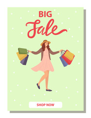 Smiling woman on the postcard cover with shopping bags in her hands. Young beautiful happy girl jumping and picking up multi-colored packages with clothes. Big sale announcement in the store