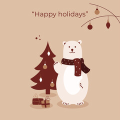 Christmas card with white bear in a scarf on the background of a Christmas tree and gift boxes.