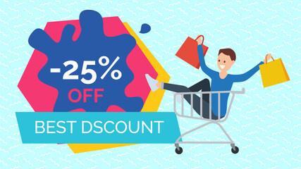 Male customer in the store. Promotion of sales and best discounts in the shop. Man with shopping bags in his hands is smiling. Young handsome fashion shopper guy is rolling in the shopping cart