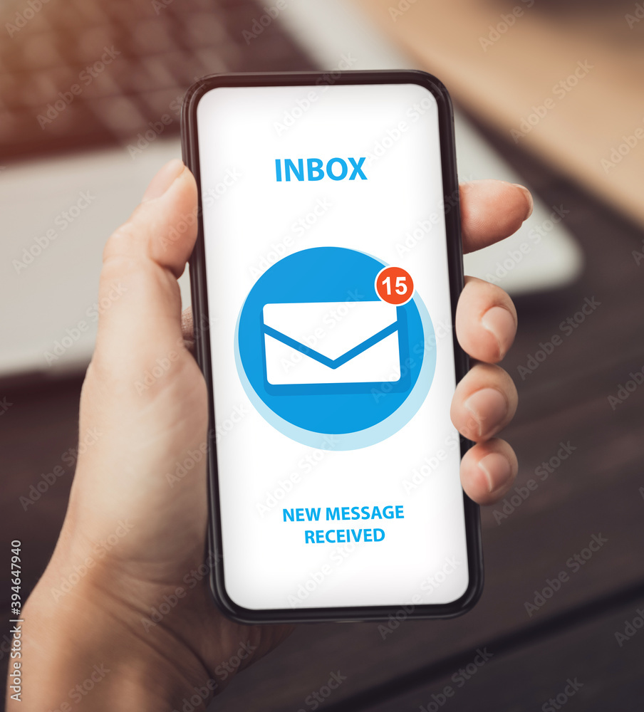 Poster email app for mobile communication. collage of young woman holding cellphone with inbox mail notific