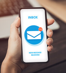 Email app for mobile communication. Collage of young woman holding cellphone with inbox mail...