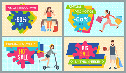 Set of illustrations on the theme of discounts and black friday. People with purchases rush to the sale. Girls and boys are going shopping in the store. Advertising and marketing in the background