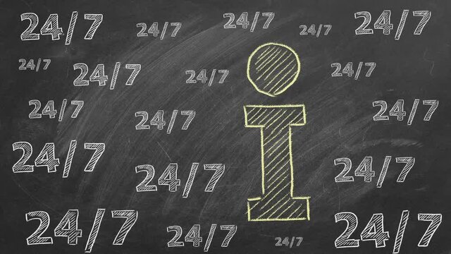 Letter I. Information sig. Info icon and lettering 24/7 drawn in chalk on a blackboard. 24/7 information support. Around the clock