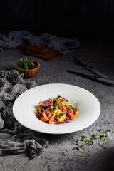 Salmon salad with beetroot snow