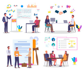 Set of images office workers, workflow. Managers, lawyers, litigation, marketers, teamwork. Planning, contracting, make deal, financial consulting Infographic icons Flat image for landing pages