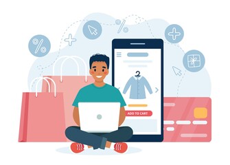 Online shopping with man character with computer and big screen, sale concept.