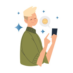 guy portrait with smartphone chatting speech bubble with emoji