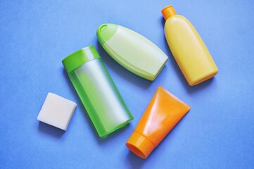 Natural soap, shower gel, shampoo, moisturizing body lotion. Skin care products, toiletries set, personal care. Flat lay beauty photography