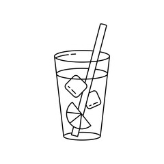 Glass of lemonade with ice cubes, lemon slice and straw. Linear icon of summer drink. Black simple illustration. Contour isolated vector pictogram on white background