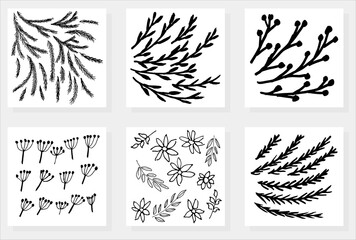 Set of six floral grunge black and white textures. Simple vector patterns of twigs and leaves of plants, stems of fir trees, flowers, blossom umbel grass