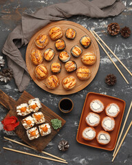 Rolls. Japanese and Chinese traditional cuisine.Sushi bar. Set