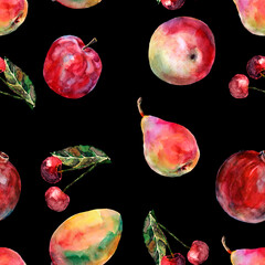 Verschiedene Früchte in Aquarell auf schwarzem Hintergrund gemalt. Birne, Apfel, Kirsche, Mango auf schwarzem Hintergrund. Nahtloses Muster für Dekor.