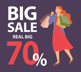 Announcement of seventy percent discounts. Girl with shopping bags in her hands is smiling happily during the sale. Young beautiful happy girl picks up multi-colored packages on dark blue background