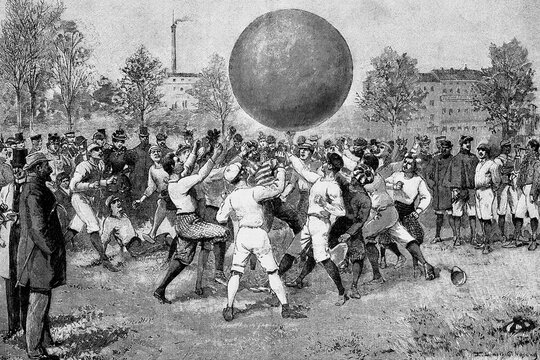 Tempelhofer, Berlin. New Faustball game with a 1,50 m. ball. Antique illustration. 1896.