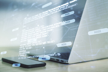 Multi exposure of abstract graphic coding sketch on modern computer background, big data and networking concept