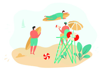 Obraz na płótnie Canvas Lifeguard on the Tower,Paddling and Surfing during Quarantine.Beach Holiday and Activities at Sea in Covid 19.Characters on the Beach in Medical Masks.Flat Vector Illustration
