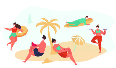 Obraz na płótnie Canvas Keep Distance on the Beach during Quarantine.Beach Holiday and Activities at Sea,Surfing and Sunbathe in Covid 19.Characters in Medical Masks.Summer Holiday.Flat Vector Illustration