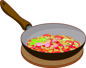 Frying pan with garnish. Food preparation.