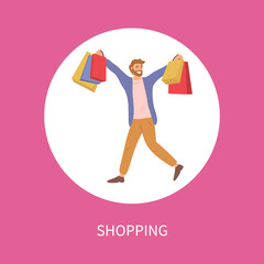 One day special price announcement concept. Man with shopping bags in his hands is smiling. Young handsome fashion shopper guy picks up multi-colored packages. Sale advertising in the store