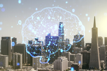 Double exposure of creative human brain microcircuit hologram on San Francisco office buildings background. Future technology and AI concept