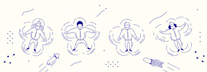 winter vector illustration. Relax on the weekend with friends. four friends lie in a snowdrift and make a snow angel.