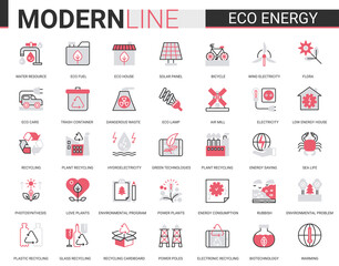 Eco energy flat line icon vector illustration set. Red black website design collection of ecology problems linear symbols, environmental ecosystem protection and green waste recycling technology