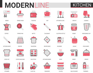 Kitchen flat line icon vector illustration set. Red black thin linear kitchenware utensil, glass dishware, equipment tools for cooking food and household appliances mobile app symbols collection
