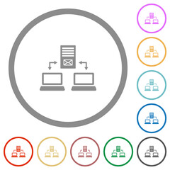 Multiple connections to mail server flat icons with outlines