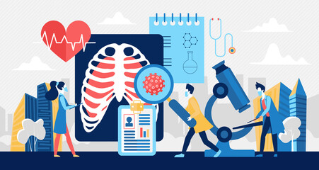Lungs test analysis on corona virus disease vector illustration. Cartoon doctor scientist people team testing coronavirus, analyzing medicine xray picture, patient lung medical exam concept background