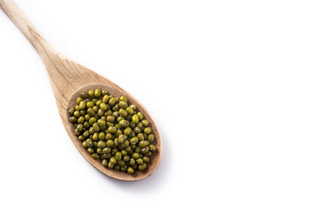 Green soy beans on wooden spoon isolated on white background. Copy space