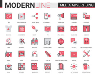 Media advertising flat line icon vector illustration set. Red black collection of outline infographic pictogram symbols for mobile apps with marketing strategy research, promotion in social media
