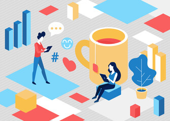 Isometric people in social media network communication concept vector illustration. 3d cartoon tiny characters communicate online during tea break in office work, sit next to big tea cup background
