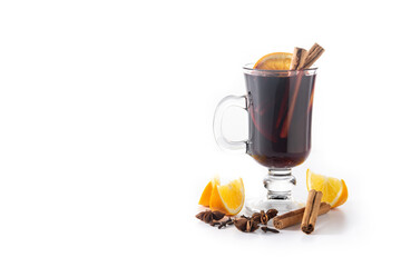 Traditional mulled wine with spices isolated on white background. Copy space	