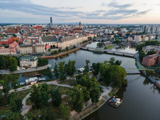 Fototapeta na wymiar Aerial view of Wroclaw located by Odra river, Poland
