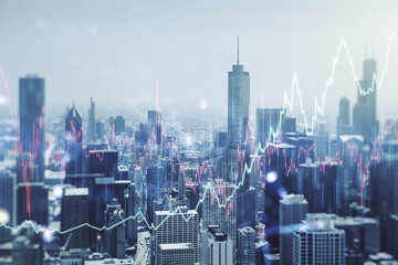 Naklejka premium Multi exposure of virtual abstract financial diagram on Chicago office buildings background, banking and accounting concept
