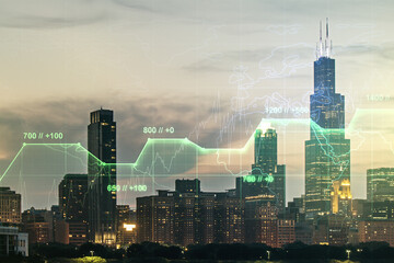 Abstract virtual stats data hologram on Chicago skyline background. Multiexposure