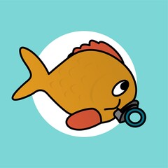 Illustration of Baby Yellow Fish with Orange Fin Cartoon, Cute Funny Character, Flat Design