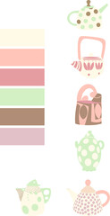 Vector set of children's decorative teapots, with the color palette in which they are made. Exercise for children, find the color