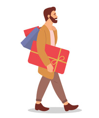 Serious man with gift boxes in his hands. Young handsome fashion shopper guy isolated on white background. Sale advertising. Male character in store is buying christmas presents and holding purchases