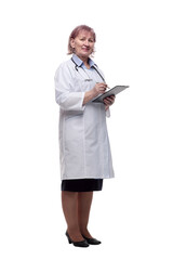 female therapist with a clipboard . isolated on a white