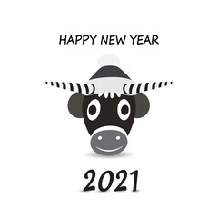 Happy new year 2021, black numbers. White background, symbol of the year bull . Template design for holiday greeting card, invitation, calendar poster.Cartoon character, vector illustration