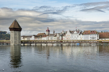 Wooden Chapel Bridge and Water Tower in Lucerne, Switzerland