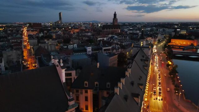 Aerial view of beautiful Wroclaw by night, Poland