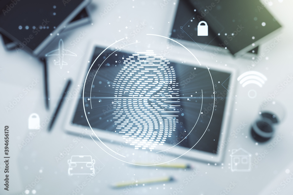 Aufkleber Double exposure of abstract creative fingerprint hologram and digital tablet on background, top view, research and development concept