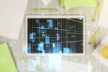 Multi exposure of abstract graphic data spreadsheet sketch and modern digital tablet on desktop on background, top view, analytics and analysis concept