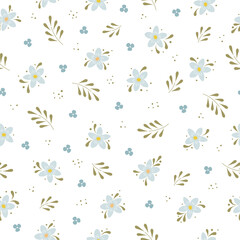Vector floral seamless pattern in pastel blue and green colors. Flower wedding decoration, spring, plant, leaves, blooming decorative elements. Wrapping digital paper.
