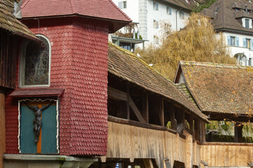 medieval house and bridge in the old town of Lucerne, Switzerland