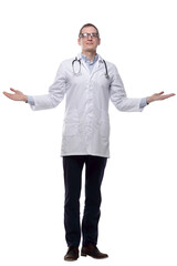 male doctor looking at a large white screen. isolated on a white