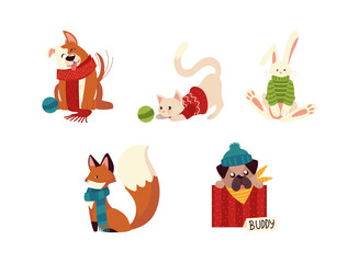 christmas cute dog cat fox and rabbit with hat and sweaters animal cartoon